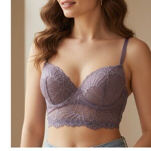 Floral Lace Longline Bra Purple Adjustable Straps‎ Underwire 6 Hook Closure